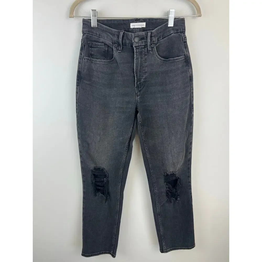 Good American Good Icon 90s Straight Leg Distressed Jean in Black Wash 0/25
